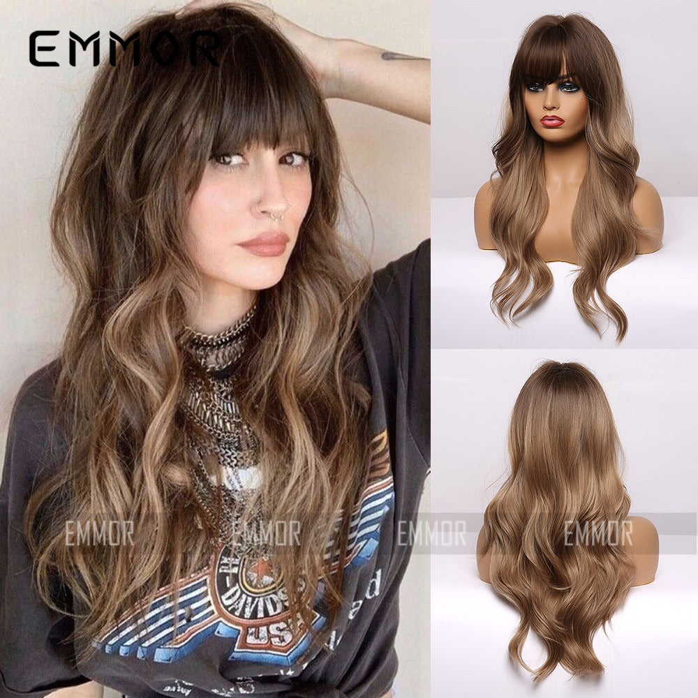 Black Brown Bangs Long Curly Hair Natural Full Head Set Chemical Fiber Wig Female Full Head