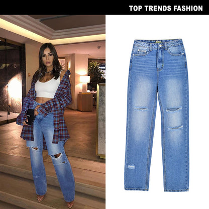 Summer High Waist Straight Loose Daddy Pants Drape Hole Women's Denim Trousers Mopping Pants