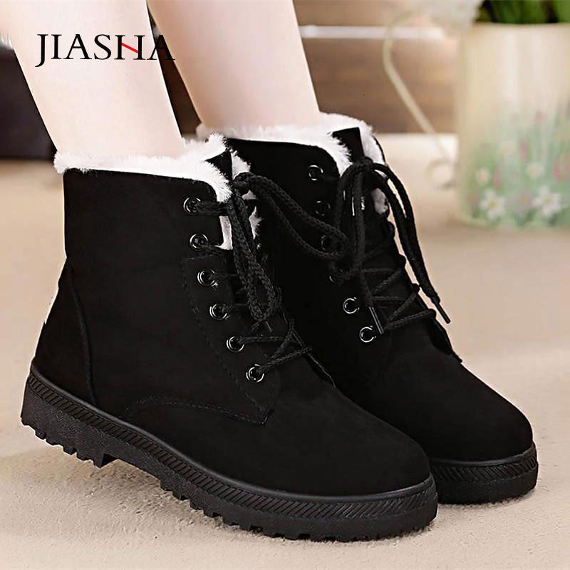 Snow boots 2019 warm fur plush Insole women winter boots square heels flock ankle boots women shoes lace-up winter shoes woman