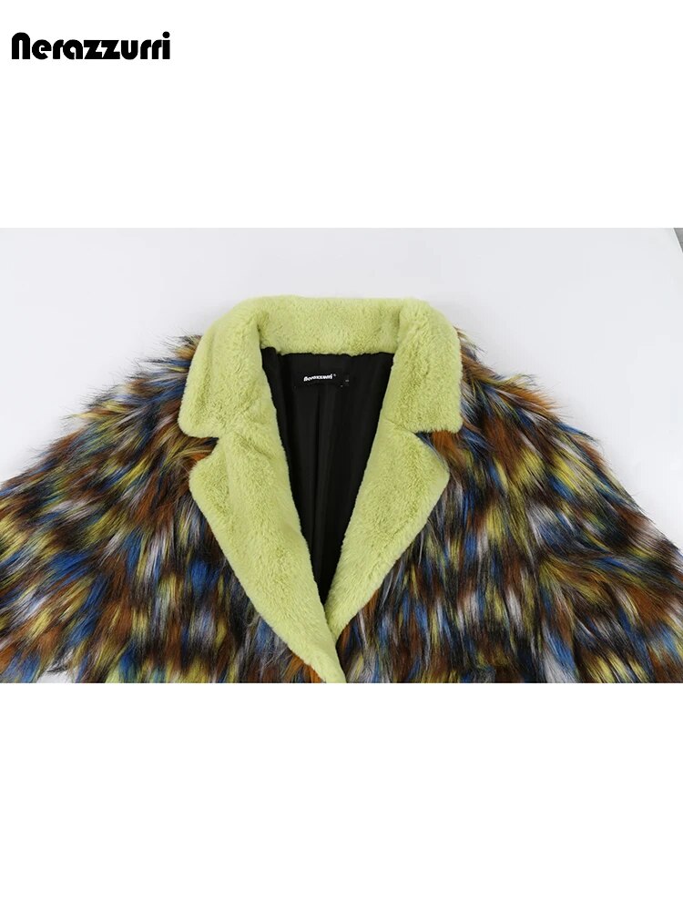 Nerazzurri Winter Long Colorful Thick Warm Colorful Hairy Shaggy Patchwork Faux Fox Fur Coat Women Fluffy Furry Overcoat