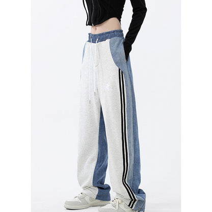 Contrast Color Women High Waist Straight Cropped Pants High Street Drawstring Tie Up Sweatpants Cylinder Lady Wide Leg Trousers