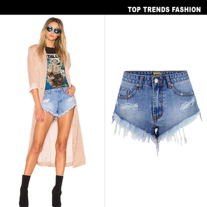 Women's High-Waisted Thin Washed And Polished White Denim Shorts