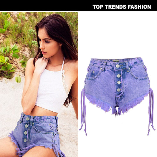 Women's Summer High Waist Breasted Frayed Double Side Straps Ladies Macaron Purple Denim Hot Pants