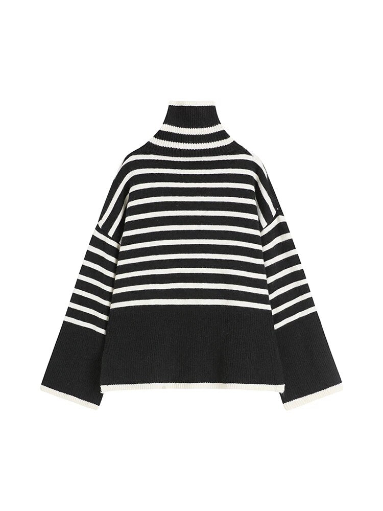 Fashion Kpop Simple Classical Striped Knitted Sweater Turtleneck Long Sleeve Chic Pullovers Streetwear Autumn Winter New Design