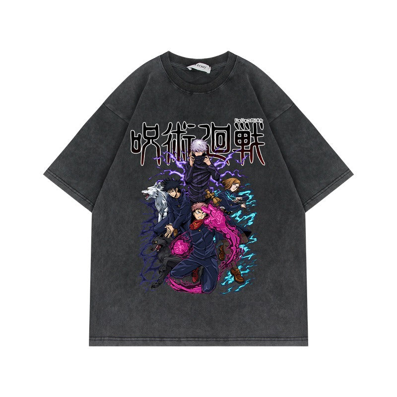 Washed brushed distressed retro short-sleeved T-shirt anime spell return battle