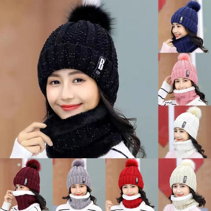 Women Wool Knitted Hat Ski Hat Sets Windproof Winter Outdoor Knit Thick Siamese Scarf Collar Warm Keep Face Warmer Pompoms Cap mask