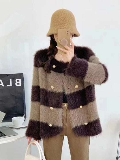 Knitted Women Cardigan Striped Jacket Warm Buttons Faux Fur Loose Sweater Female Crop Top