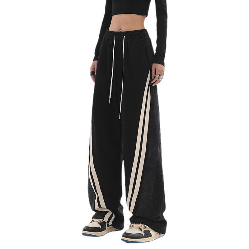 Contrast Color Women High Waist Straight Cropped Pants High Street Drawstring Tie Up Sweatpants Cylinder Lady Wide Leg Trousers