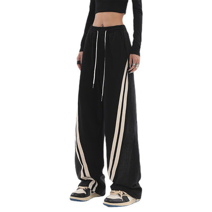 Contrast Color Women High Waist Straight Cropped Pants High Street Drawstring Tie Up Sweatpants Cylinder Lady Wide Leg Trousers