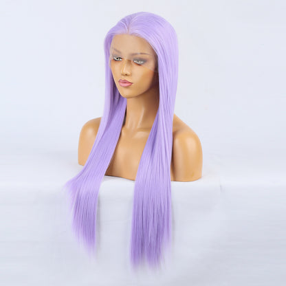 Wig Natural Transition Wig Light Purple Chemical Fiber Front Lace Long Straight Hair Matte High Temperature Silk Headgear 2024