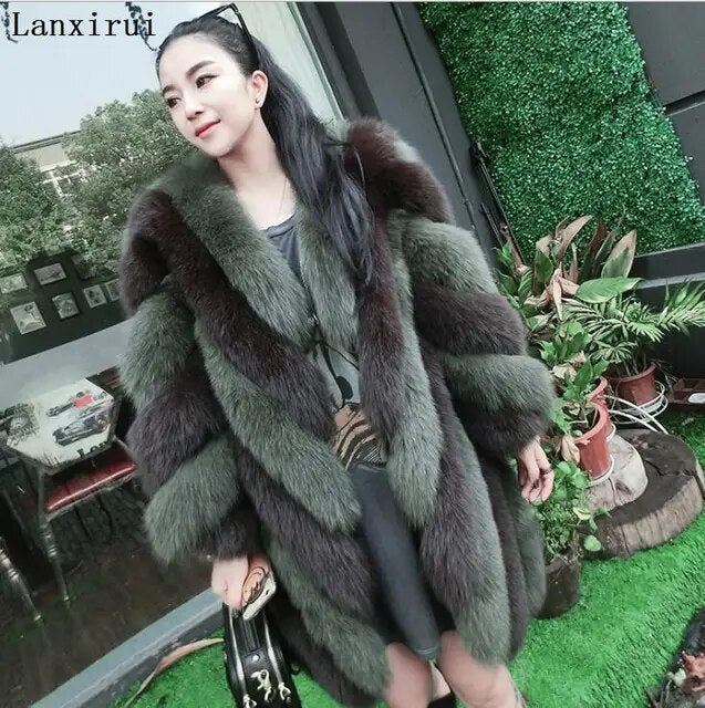 Lanxirui long winter faux fur coat with hood long sleeve zipper black furry fake rabbit fur outwear  shealing women's jacket