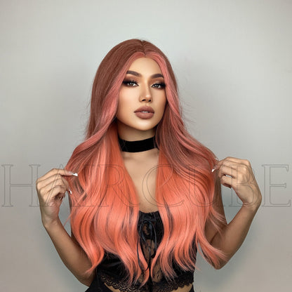 Long Curly Hair 24inch Women's Wig Set In The Middle Part Orange Pink