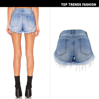 Women's High-Waisted Thin Washed And Polished White Denim Shorts