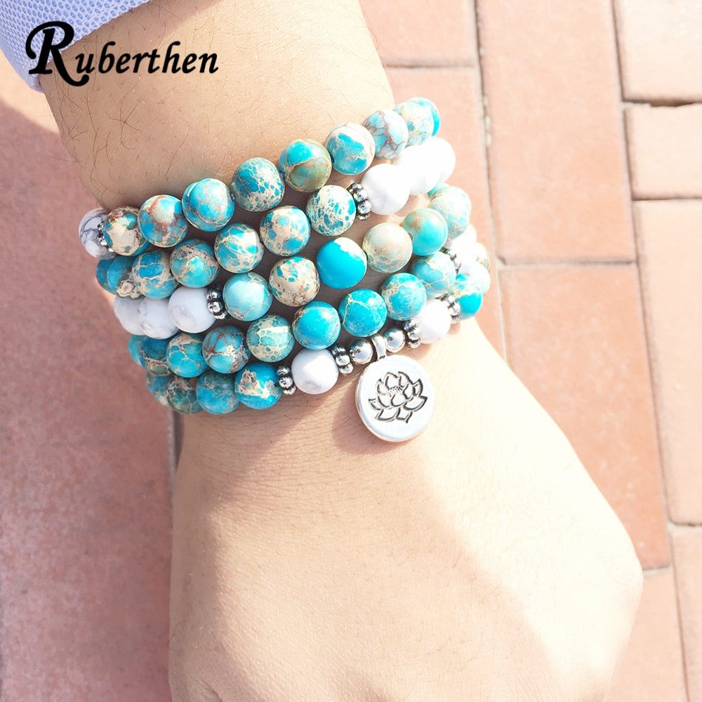 Design Howlite Natural Stone Mala Bracelet 108 Beads Mala Wrap Bracelet or High Quality Lotus Bracelet