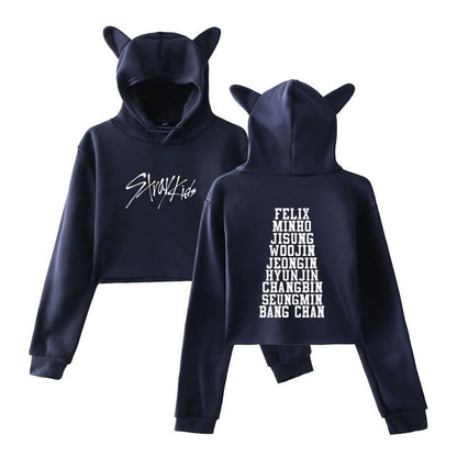 Kpop StrayKids Member Name Print Sexy Cropped Hoodies Women Kawaii Cat Ears Pullovers Kpop StrayKids Crop Tops Women