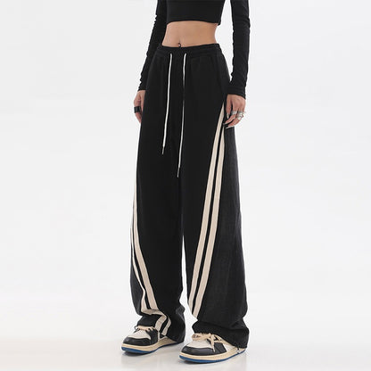 Contrast Color Women High Waist Straight Cropped Pants High Street Drawstring Tie Up Sweatpants Cylinder Lady Wide Leg Trousers