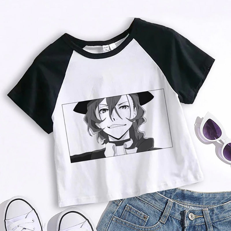 Crop Top Cartoon T Shirt Anime Bungou Stray Dogs Chuuya Nakahara Osamu Dazai Women Tops Tee Summer Clothes Camiseta Streetwear