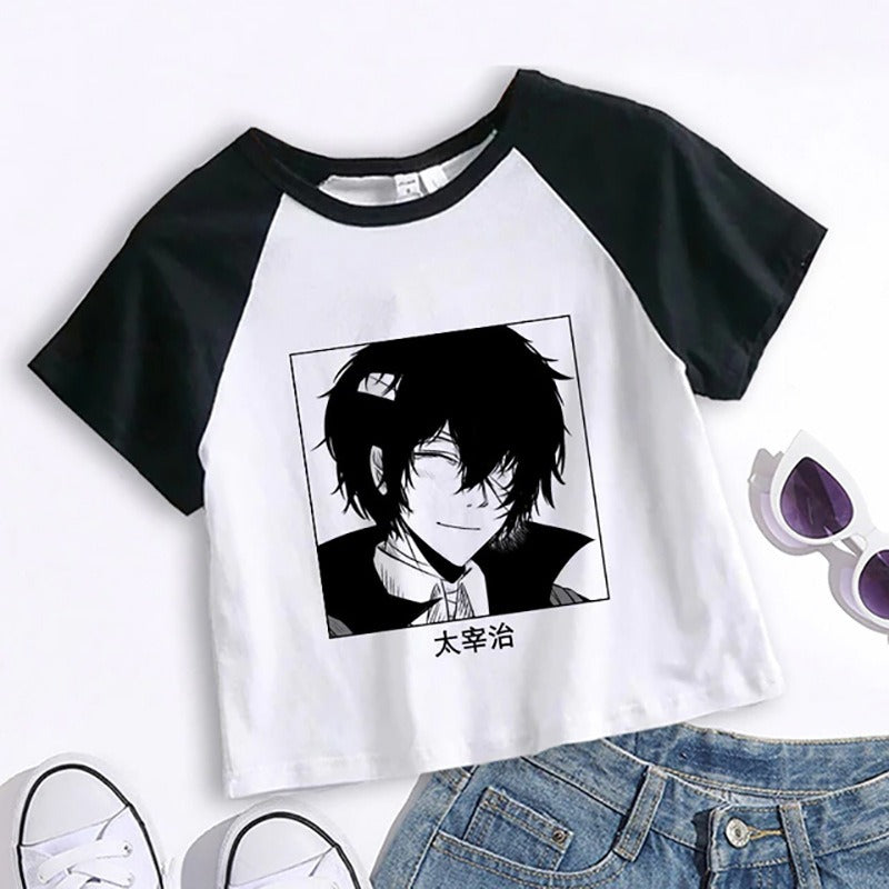 Crop Top Cartoon T Shirt Anime Bungou Stray Dogs Chuuya Nakahara Osamu Dazai Women Tops Tee Summer Clothes Camiseta Streetwear