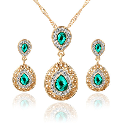 New Earrings Necklace Set Combination Crystal Earrings Water Drop Pendant Jewelry Three Piece Set