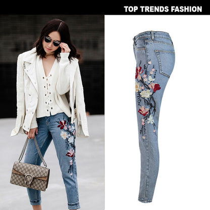 Slim Women's BF High Waist Embroidered Washed Straight Pants Nine Points Jeans