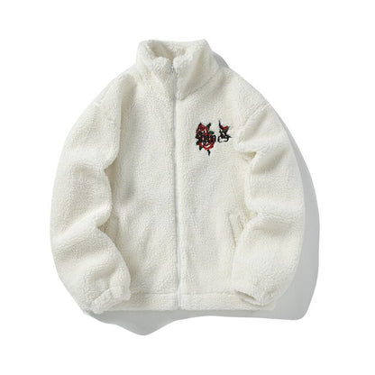 Flower Embroidery Zip Up Thermal Jacket