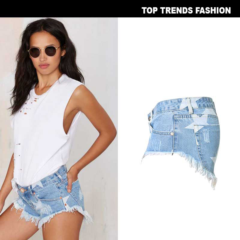 Beach Resort Club Style Women's Short Hot Shorts Star Print Tassel Denim Shorts