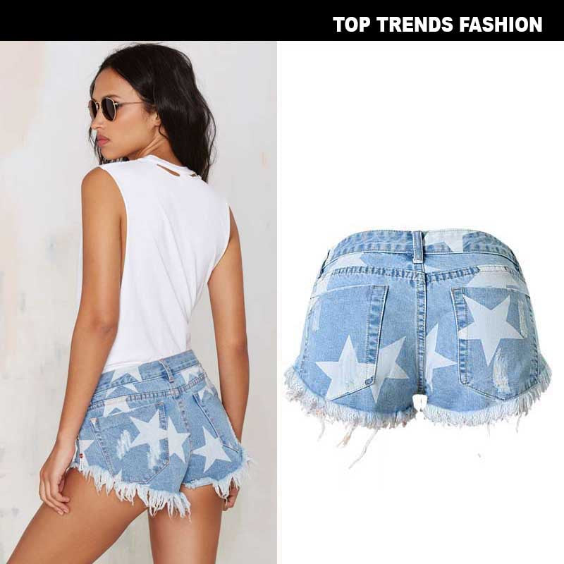 Beach Resort Club Style Women's Short Hot Shorts Star Print Tassel Denim Shorts