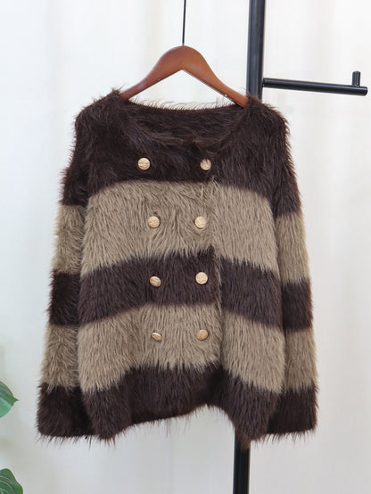 Knitted Women Cardigan Striped Jacket Warm Buttons Faux Fur Loose Sweater Female Crop Top