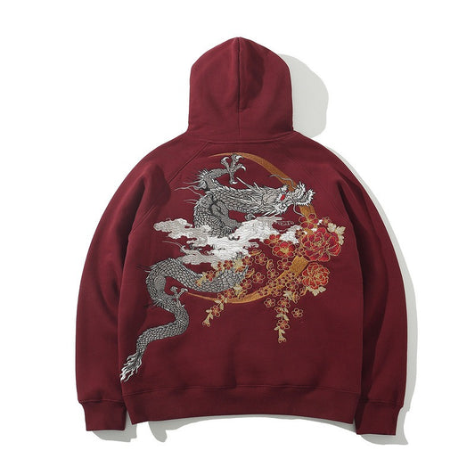 Sweatshirt men green dragon embroidery national trend pure cotton outer sweater autumn and winter plus velvet thick style