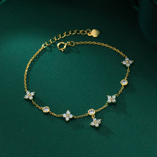 S925 Sterling Silver Inlaid Diamond Four Leaf Flower Bracelet Ins Wind Small Fresh Flowers Flower Bracelet