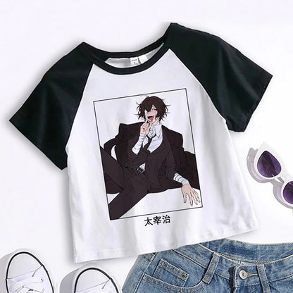 Crop Top Cartoon T Shirt Anime Bungou Stray Dogs Chuuya Nakahara Osamu Dazai Women Tops Tee Summer Clothes Camiseta Streetwear