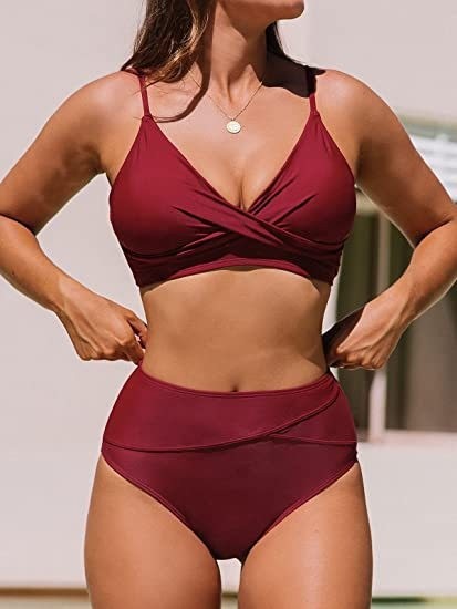 Women's bikini sexy high waist V-neck twist adjustable spaghetti straps swimsuit