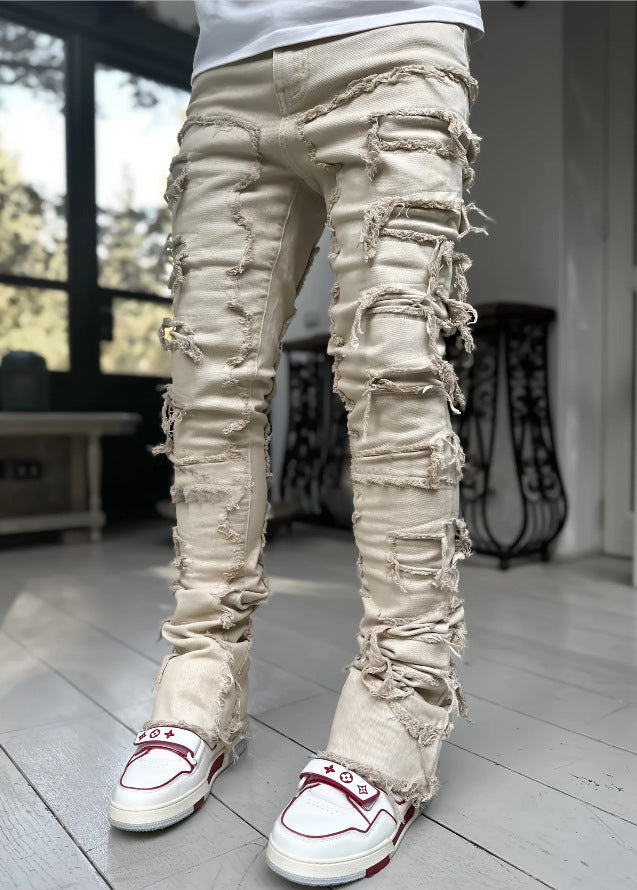 Fashion Stretch Patch Denim Straight-leg Pants