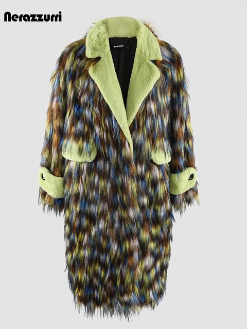 Nerazzurri Winter Long Colorful Thick Warm Colorful Hairy Shaggy Patchwork Faux Fox Fur Coat Women Fluffy Furry Overcoat