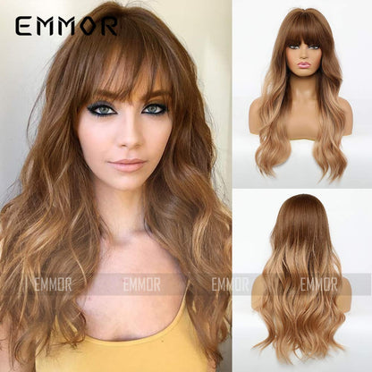 Black Brown Bangs Long Curly Hair Natural Full Head Set Chemical Fiber Wig Female Full Head