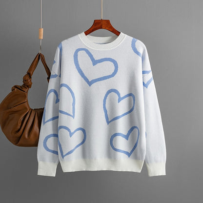 O Neck Heart-shaped Women Sweaters Jumpers Long Sleeve Loose Female Knitted Pullovers