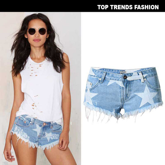 Beach Resort Club Style Women's Short Hot Shorts Star Print Tassel Denim Shorts