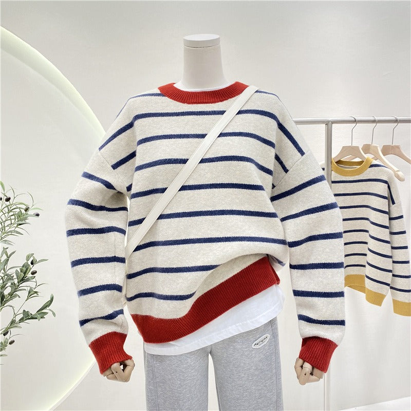 Autumn And Winter New Ladies Loose Collision Color Round Neck Knitted Tunic Simple Striped Pullover Sweater