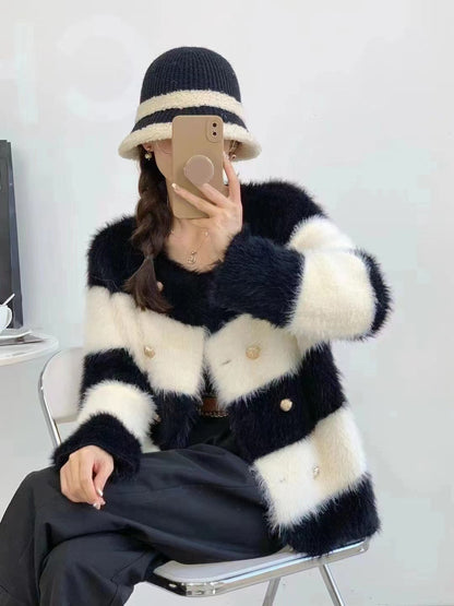 Knitted Women Cardigan Striped Jacket Warm Buttons Faux Fur Loose Sweater Female Crop Top