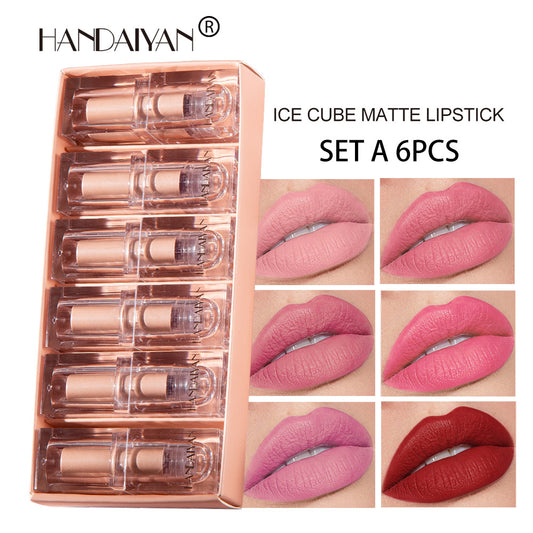 HANDAIYAN Makeup Crystal Square Tube Lipstick Small Ice Cube Matte Matte Lipstick Set 6 Pack