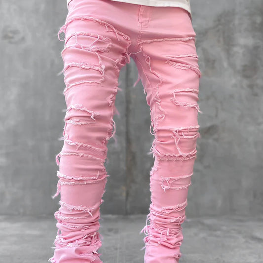 Fashion Stretch Patch Denim Straight-leg Pants