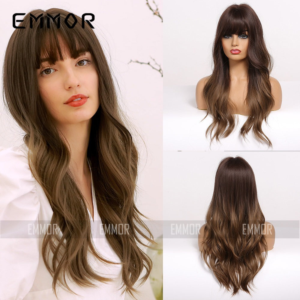 Black Brown Bangs Long Curly Hair Natural Full Head Set Chemical Fiber Wig Female Full Head