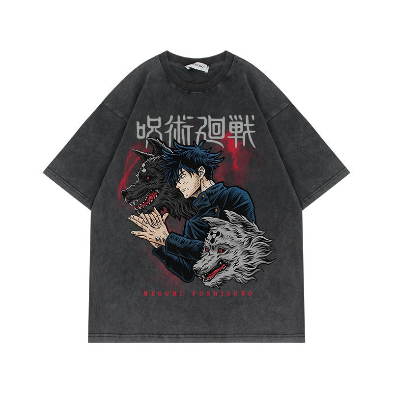 Washed brushed distressed retro short-sleeved T-shirt anime spell return battle