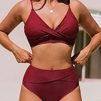 Women's bikini sexy high waist V-neck twist adjustable spaghetti straps swimsuit