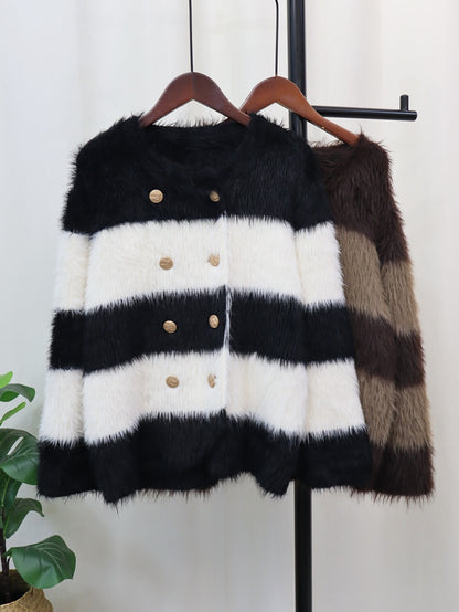 Knitted Women Cardigan Striped Jacket Warm Buttons Faux Fur Loose Sweater Female Crop Top