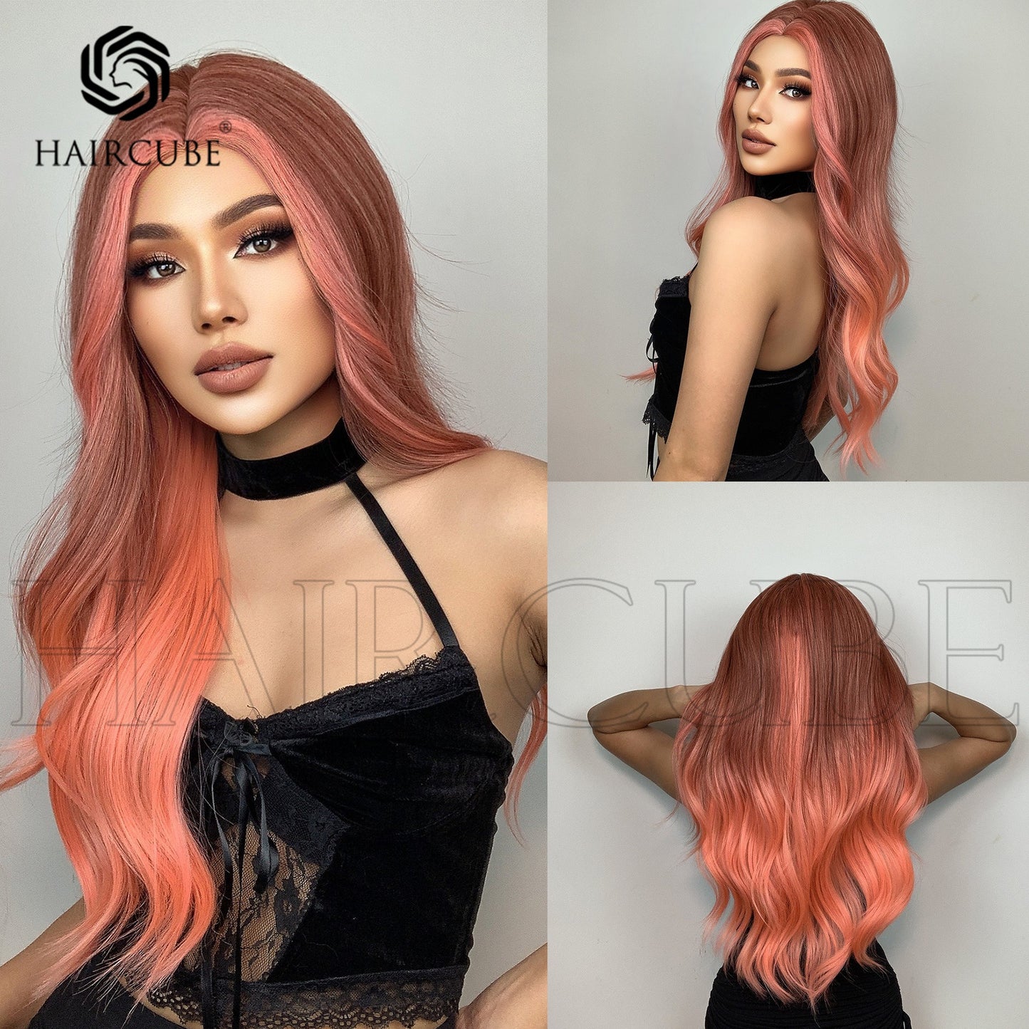 Long Curly Hair 24inch Women's Wig Set In The Middle Part Orange Pink