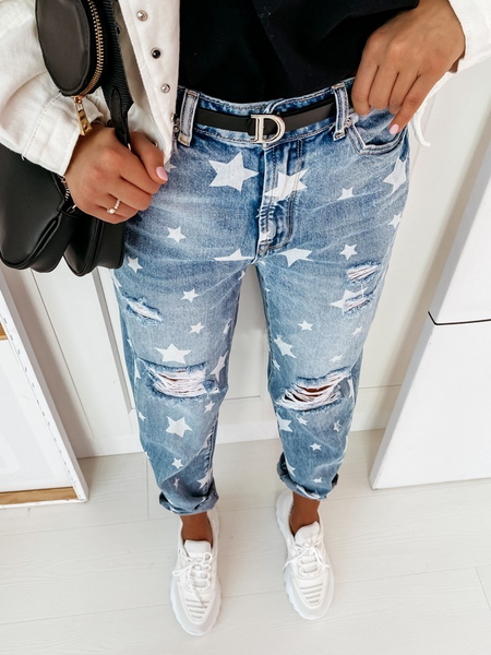 Slim Fit Distressed Star Print Jeans HW5SULTK68