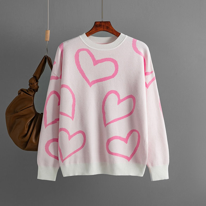 O Neck Heart-shaped Women Sweaters Jumpers Long Sleeve Loose Female Knitted Pullovers