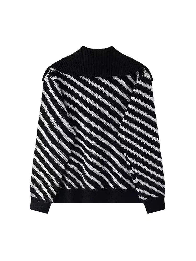 Women Basic Cardigan V-Neck Sweater Autumn Female Long Sleeve Design Knitted Soft 90s Fashion Pullover Striped Black And White