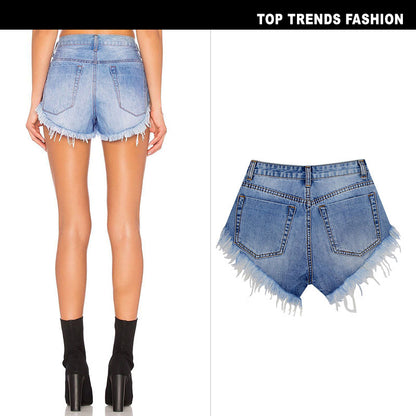 Women's High-Waisted Thin Washed And Polished White Denim Shorts